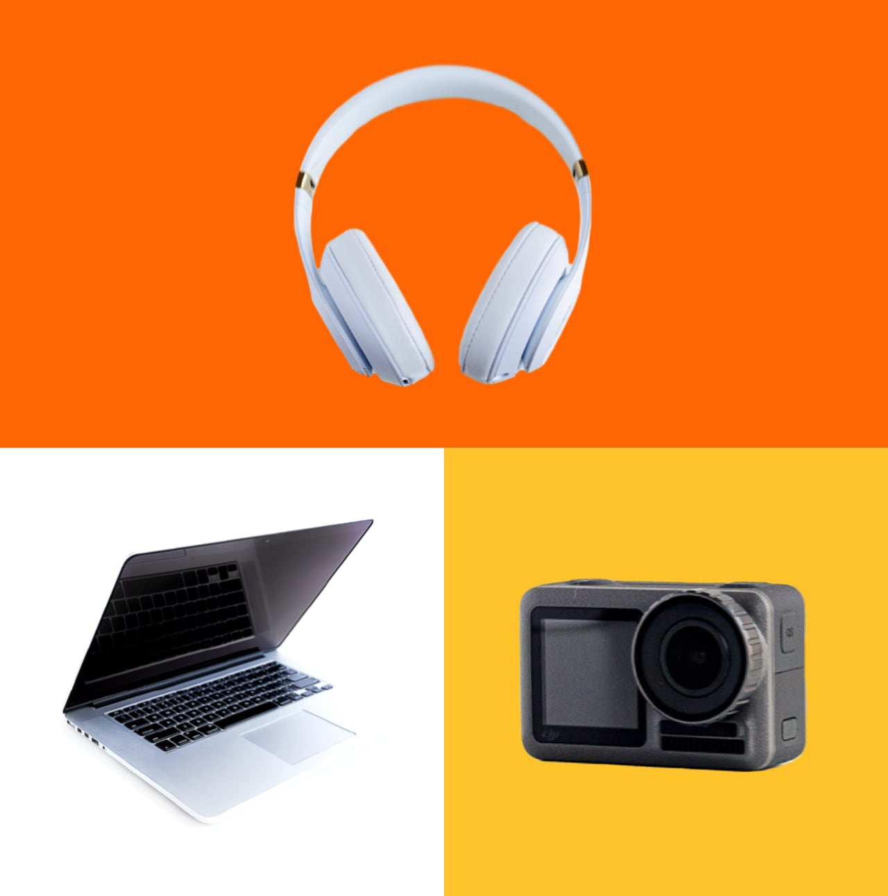 laptop, headphones and camera
